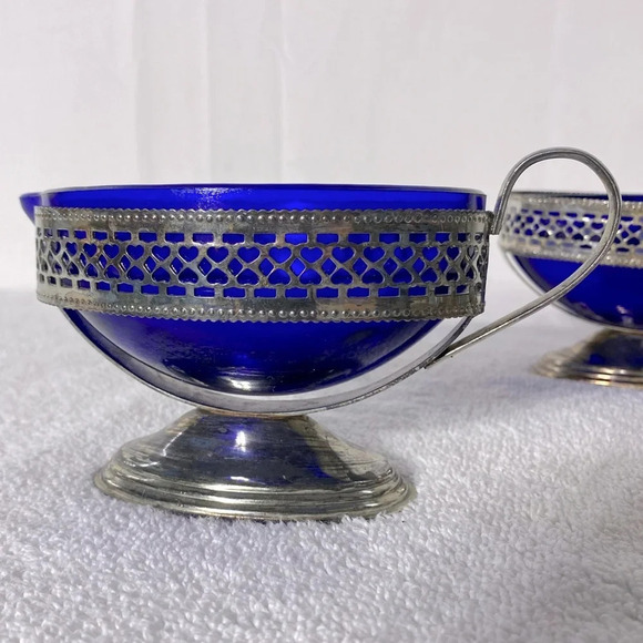 Vintage Silver Tone Pedestal Cobalt  Blue Glass Royal Sapphire Cream & Sugar Set - Picture 11 of 16